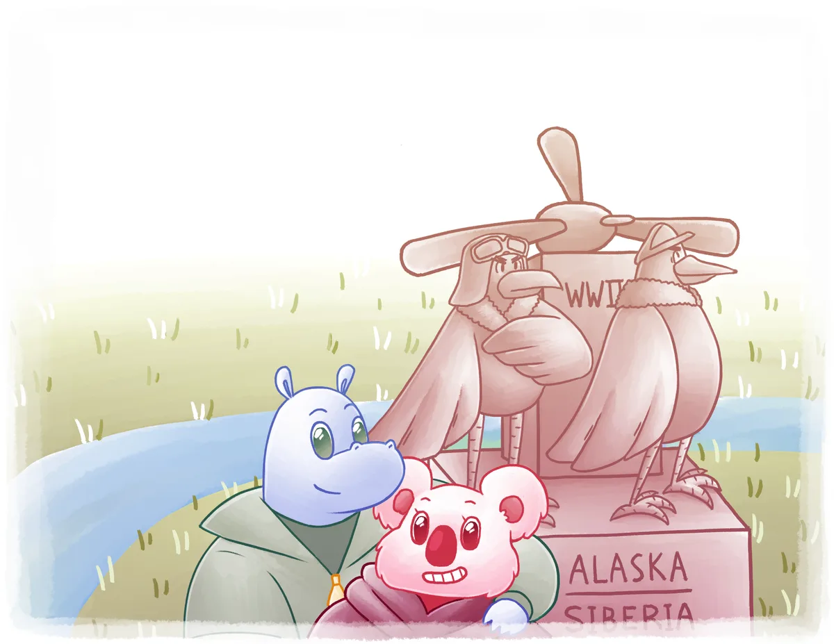 Hope and Harry stand beside a stone memorial of two airmen, its base carved "WWII" and "ALASKA SIBERIA".