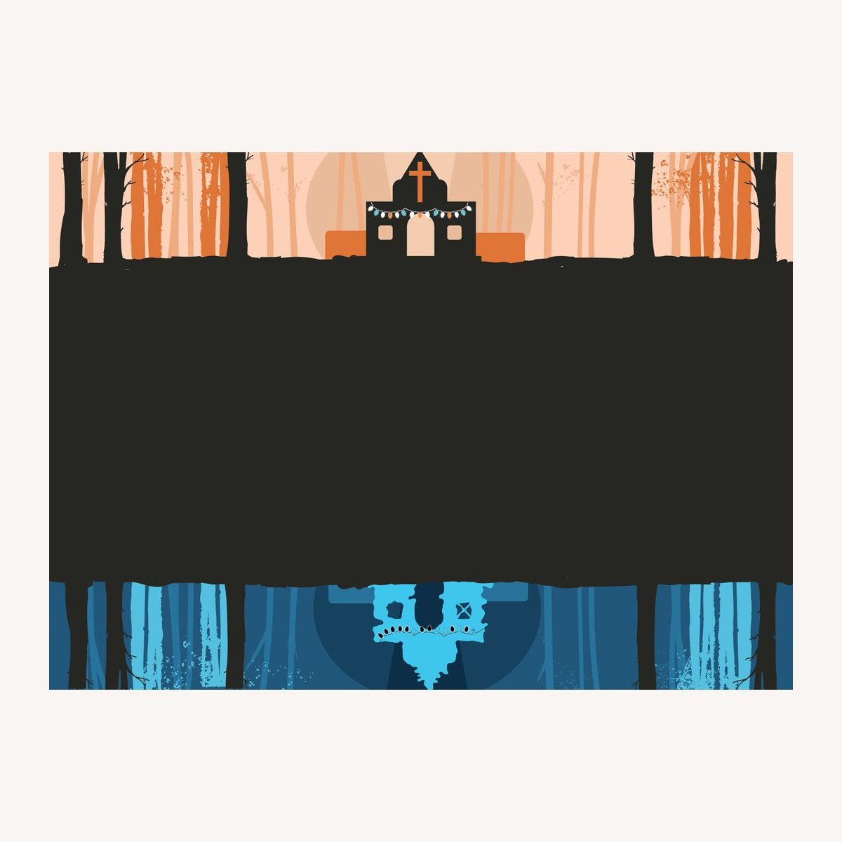 Two color church silhouette artwork in orange and blue